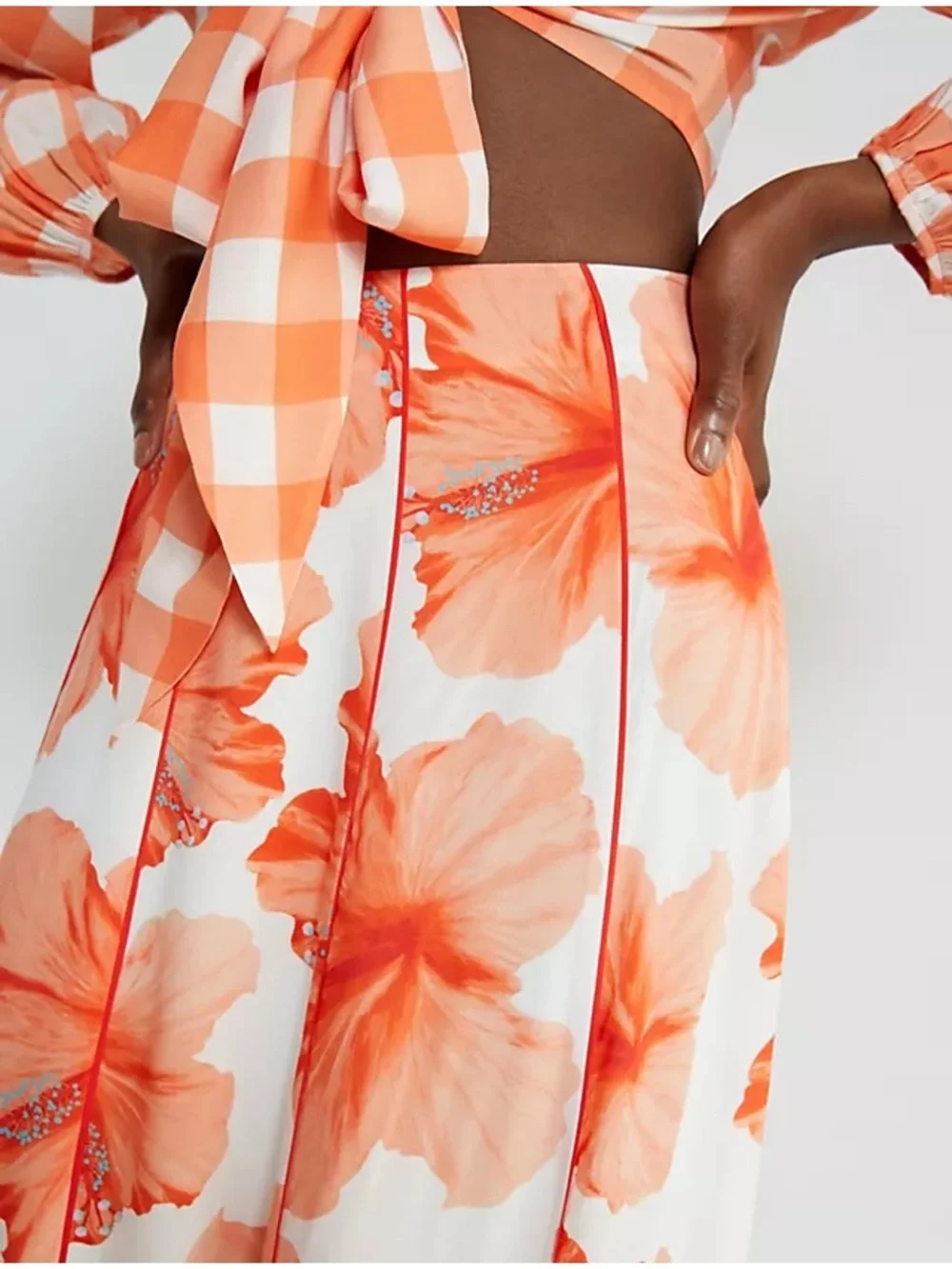Anthropologie Farm Rio Orange White Floral Contrast Midi Skirt Size Medium
